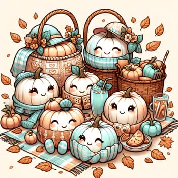 A cute, cartoon illustration of a group of pumpkins dressed in cozy outfits. A high-quality AI-generated photo.