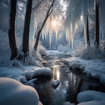A serene winter scene of a forest with a frozen river. Sunlight streams through the trees, casting long shadows and highlighting the glistening ice formations. A high-quality AI-generated photo.