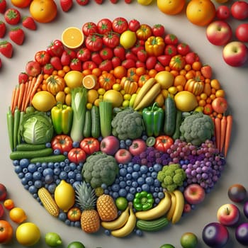 A colorful and vibrant arrangement of fruits and vegetables, forming a circle on a gray background. The arrangement represents a rainbow of colors, emphasizing the importance of healthy eating and a balanced diet. A high-quality AI-generated photo.
