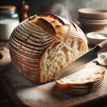 Close-up shot of a freshly baked sourdough bread loaf being sliced with a serrated knife. The bread is steaming hot, revealing its fluffy interior and crusty exterior. A high-quality AI-generated photo.