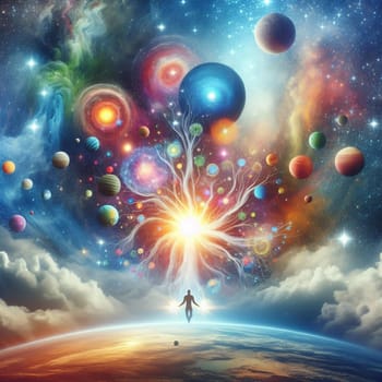 A man stands on a planet, looking up at a large, glowing tree with roots that extend out into the cosmos and connect to multiple planets and stars. The scene symbolizes the interconnectedness of the universe and the power of human consciousness. A high-quality AI-generated photo.