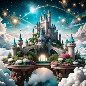 A magical castle perched on a cloud-filled sky with stars and a crescent moon. The castle features beautiful architecture and lush greenery, creating a whimsical and dreamlike scene. A high-quality AI-generated photo.