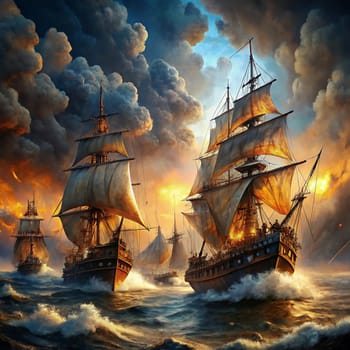 A scene of three old sailing ships navigating through rough seas under a dramatic sky with stormy clouds and bright flashes of light. The scene evokes a sense of adventure and danger. A high-quality AI-generated photo.