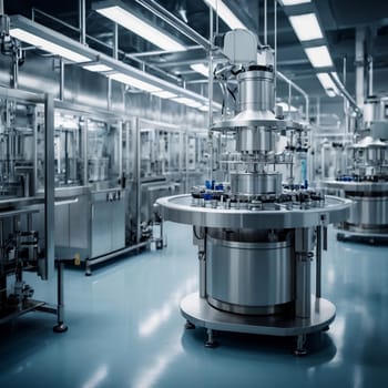A modern factory interior with a robotic arm operating a machine for filling and capping bottles. The scene emphasizes the use of automation and technology in industrial production. A high-quality AI-generated photo.