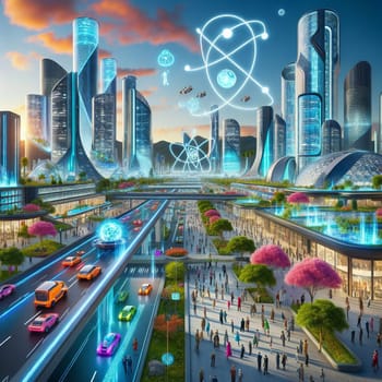 A futuristic cityscape with tall buildings, flying cars, and glowing lines of energy, creating a dynamic and vibrant scene. The scene emphasizes the integration of technology and nature in urban living. A high-quality AI-generated photo.
