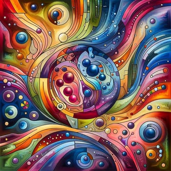 Abstract artwork with a stained glass style. The artwork features vibrant colors and shapes, including circles, lines, and geometric forms, creating a visually engaging and abstract composition. A high-quality AI-generated photo.