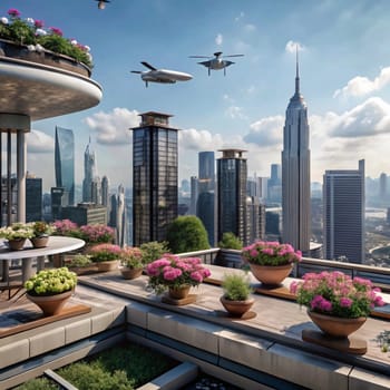 An aerial view of a futuristic cityscape with flying cars and rooftop gardens, highlighting the integration of technology and nature in urban living. A high-quality AI-generated photo.