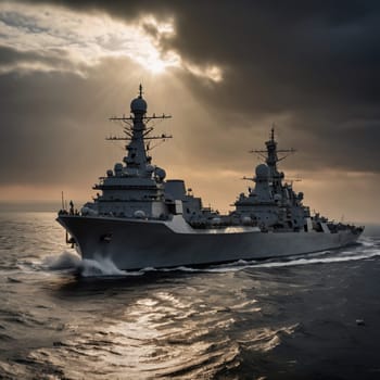 A military destroyer ship sailing on the ocean, with a dramatic sky filled with stormy clouds and a bright sun breaking through. The scene emphasizes the power and strength of the ship. A high-quality AI-generated photo.
