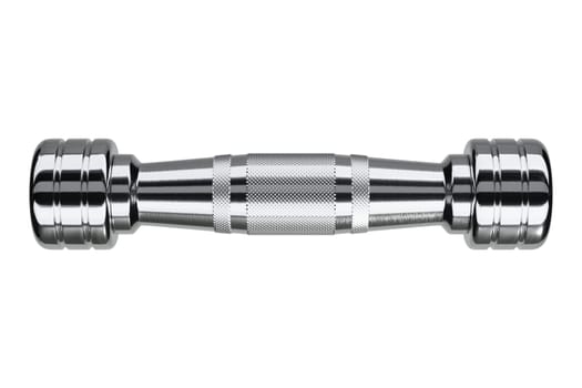 Blank Round Dumbbell, chrome weightlifting gym equipment side view, isolated on white background. 3D illustration