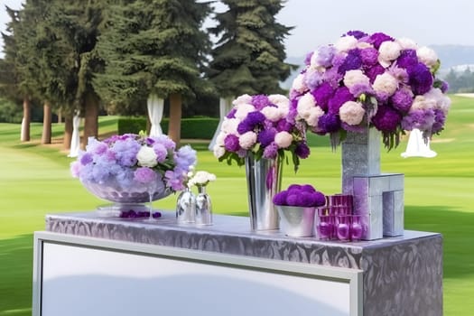 Beautiful flowers on table in wedding day. Neural network AI generated art