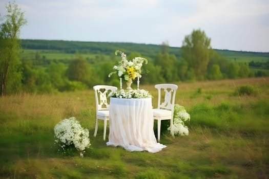 Beautiful flowers on table in wedding day. Neural network AI generated art