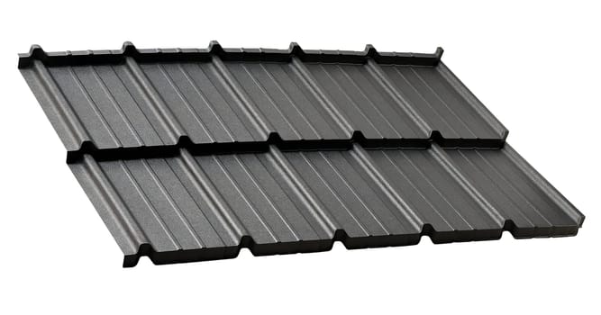 Modular tile effect roof panel. Lightweight black steel roofing sheet isolated on white background. Traditional metal shingle tiles. Popular profiled metallic pantile mimic clay or concrete slate