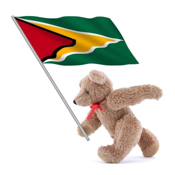 A Guyana flag being carried by a cute teddy bear red yellow green star black