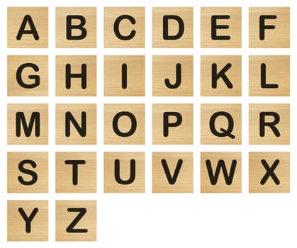 A set of alphabet wood blocks on white with clipping path