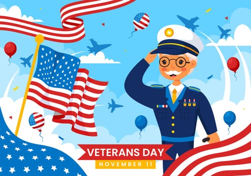 Happy Veterans Day Vector Illustration on November 11 featuring the USA Flag and Soldiers, Honoring All Who Served in a Flat Style Cartoon Background