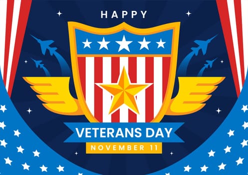 Happy Veterans Day Vector Illustration on November 11 featuring the USA Flag and Soldiers, Honoring All Who Served in a Flat Style Cartoon Background