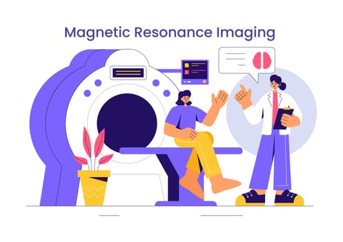 MRI or Magnetic Resonance Imaging Illustration featuring a Doctor and Patient during a Medical Examination with a CT Scan Machine in a Flat Background