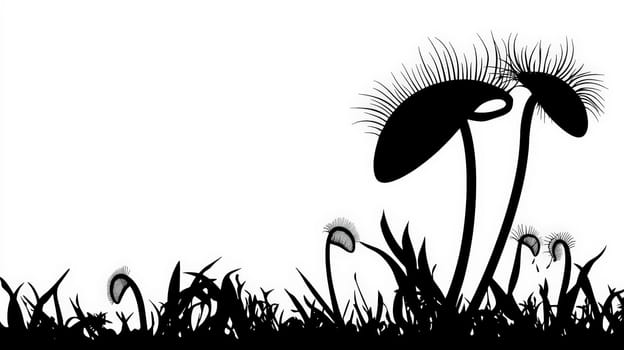 A striking black silhouette of a carnivorous plant against a stark white background. The dark outline highlights the plant's unique structure and menacing beauty, evoking a sense of mystery and danger in its simple yet bold presentation.