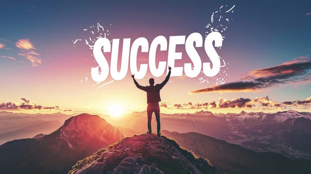 A man stands triumphantly on a mountain peak at sunset, with the word "SUCCESS"" boldly displayed overhead. The vibrant sky and silhouette of the man embody the feeling of accomplishment, determination, and personal achievement in a visually inspiring scene."