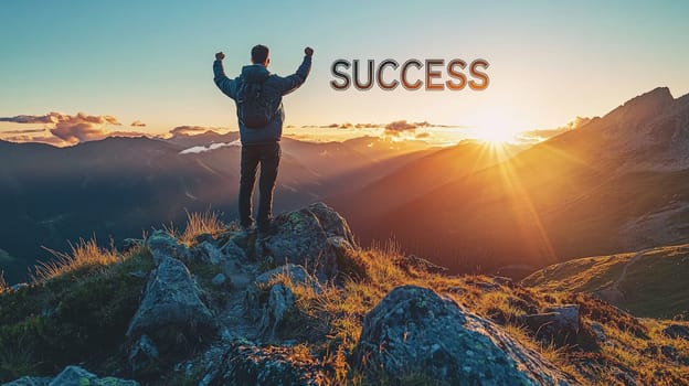 A man stands triumphantly on a mountain peak at sunset, with the word "SUCCESS"" boldly displayed overhead. The vibrant sky and silhouette of the man embody the feeling of accomplishment, determination, and personal achievement in a visually inspiring scene."