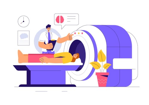 MRI or Magnetic Resonance Imaging Illustration featuring a Doctor and Patient during a Medical Examination with a CT Scan Machine in a Flat Background