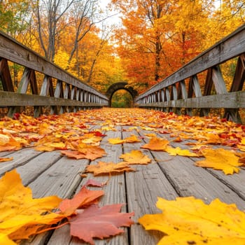 Red wooden bridge, autumn maple leaves. AI generative.
