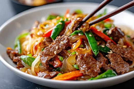 Glass noodles with vegetables and beef. AI generative.
