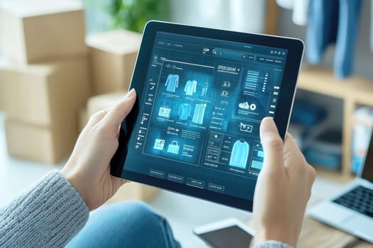 A person sitting comfortably at home makes purchases online. AI generative.