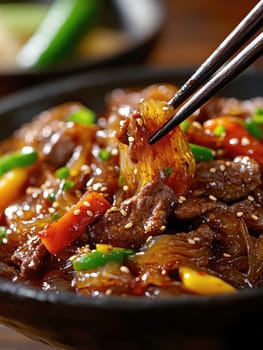 Glass noodles with vegetables and beef. AI generative.