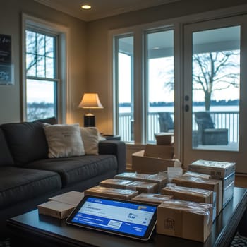 A person sitting comfortably at home makes purchases online. AI generative.