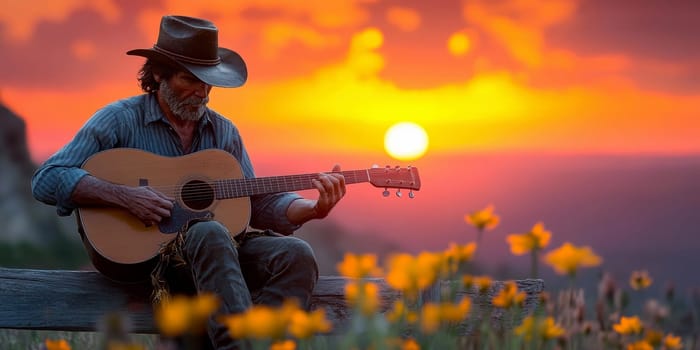 A cowboy sitting on a wooden fence, playing an acoustic guitar . AI generative.