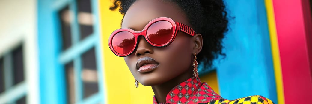 An elegant and sophisticated model  wearing a ready-to-wear collection in a vibrant pop art probabilistic color palette.Ai generative.