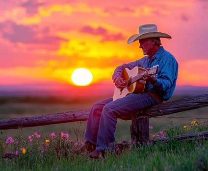 A cowboy sitting on a wooden fence, playing an acoustic guitar . AI generative.