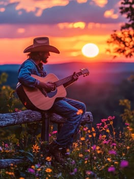 A cowboy sitting on a wooden fence, playing an acoustic guitar . AI generative.