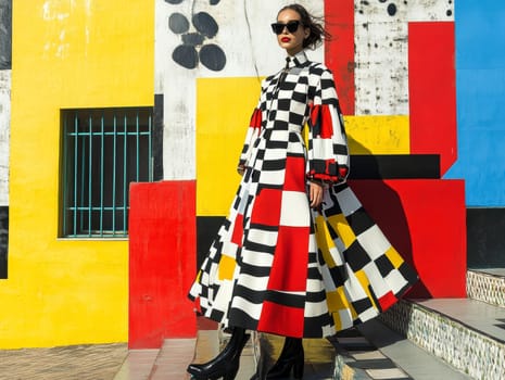 An elegant and sophisticated model  wearing a ready-to-wear collection in a vibrant pop art probabilistic color palette.Ai generative.