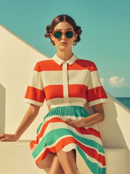 An elegant and sophisticated model  wearing a ready-to-wear collection in a vibrant pop art probabilistic color palette.Ai generative.