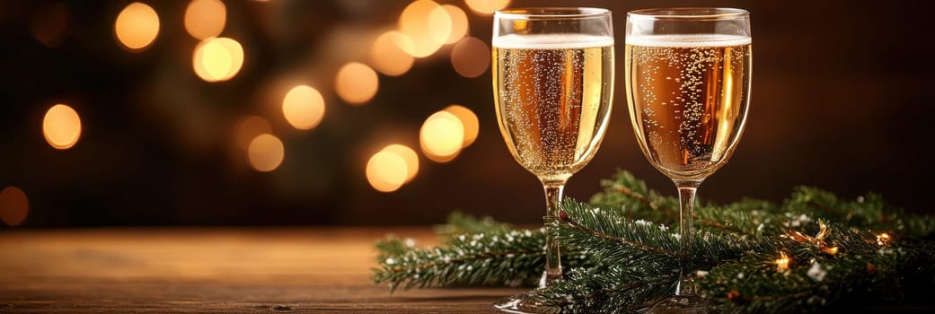 beautiful card with fir tree branches with champagne and garlands for christmas. AI generative.