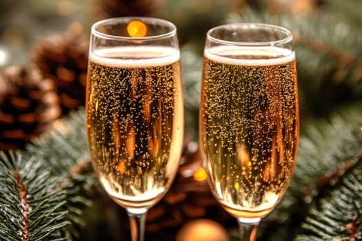 beautiful card with fir tree branches with champagne and garlands for christmas. AI generative.