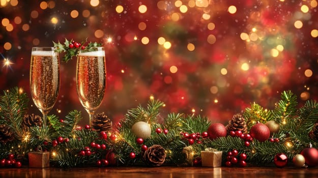 beautiful card with fir tree branches with champagne and garlands for christmas. AI generative.
