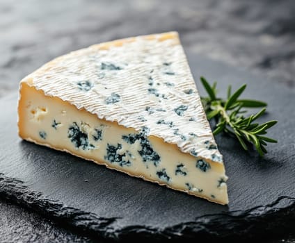 A wedge of blue cheese with visible veins of mold, placed on a slate serving board . AI generative.