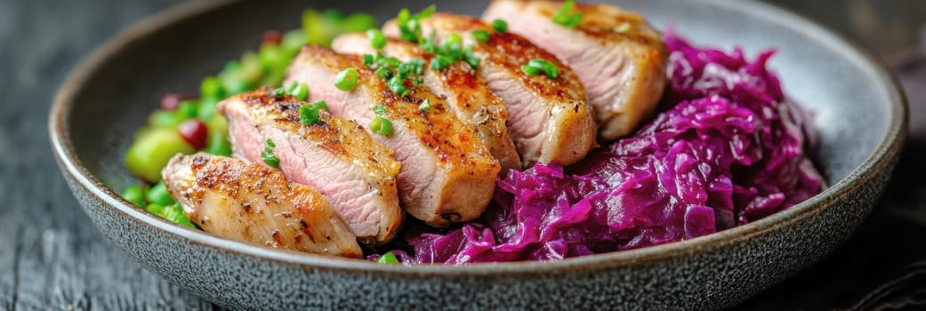 Duck fillet,red cabbage and apple mousse. AI generative.