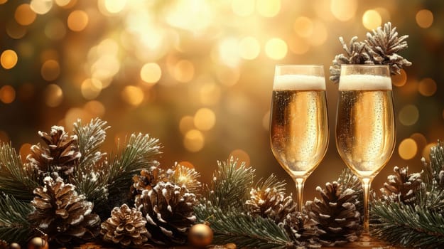 beautiful card with fir tree branches with champagne and garlands for christmas. AI generative.