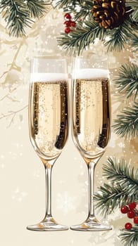 beautiful card with fir tree branches with champagne and garlands for christmas. AI generative.