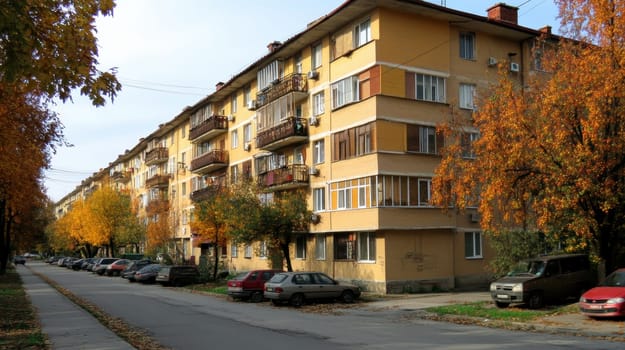 Eastern European apartment blocks. AI generative.