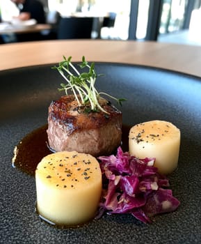 Duck fillet,red cabbage and apple mousse. AI generative.
