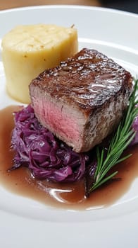 Duck fillet,red cabbage and apple mousse. AI generative.