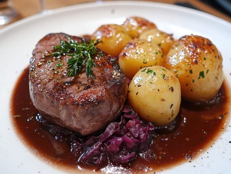 Duck fillet,red cabbage and apple mousse. AI generative.