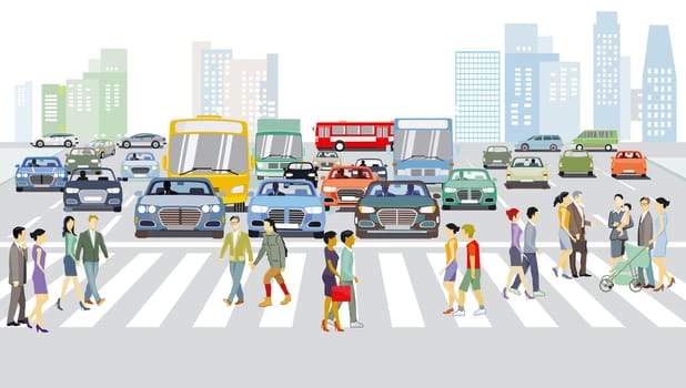 Road traffic with lots of cars and people on the zebra crossing, illustration