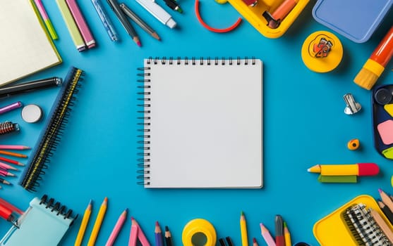 Vibrant school supplies surrounding a blank spiral notebook on a blue background, perfect for back to school or education concepts.