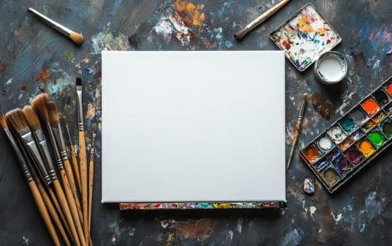 Artistic workspace with blank canvas, paintbrushes, and colorful paint palette on a textured background, offering space for creativity and imagination.